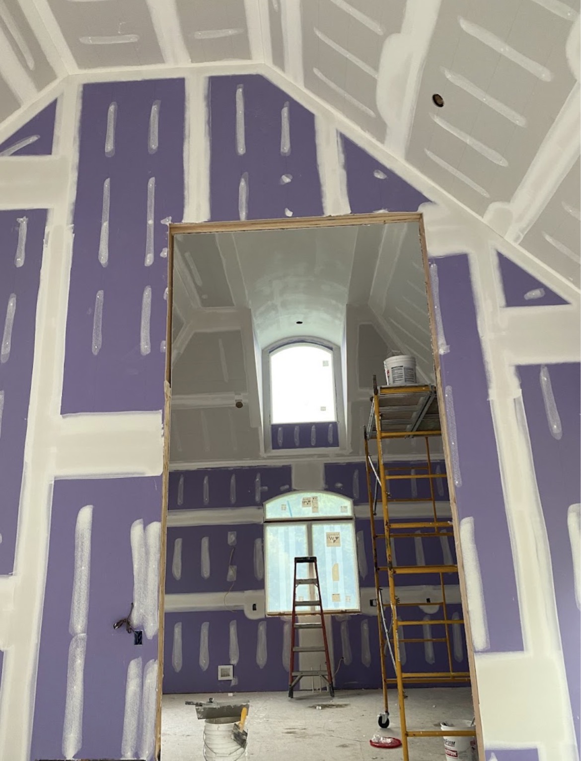 Cathedral ceiling drywall and finishing in progress